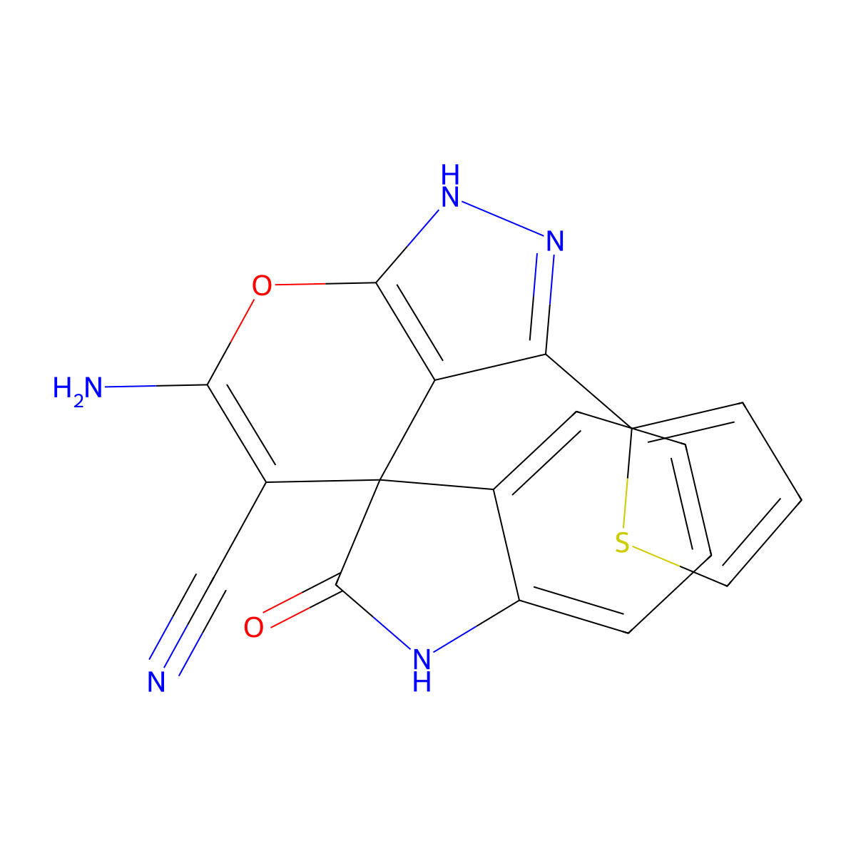 6'-amino-2-oxo-3'-thiophen-2-ylspiro[1H-indole-3,4'-2H-pyrano[2,3-c]pyrazole]-5'-carbonitrile molecular structure, CAS 421587-52-2