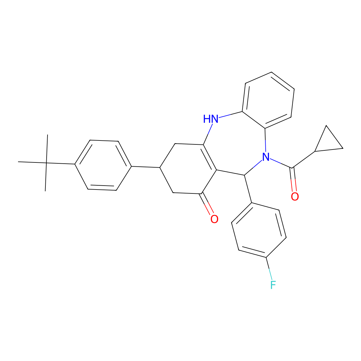 9-(4-tert-butylphenyl)-5-(cyclopropanecarbonyl)-6-(4-fluorophenyl)-8,9,10,11-tetrahydro-6H-benzo[b][1,4]benzodiazepin-7-one molecular structure, CAS 421588-76-3