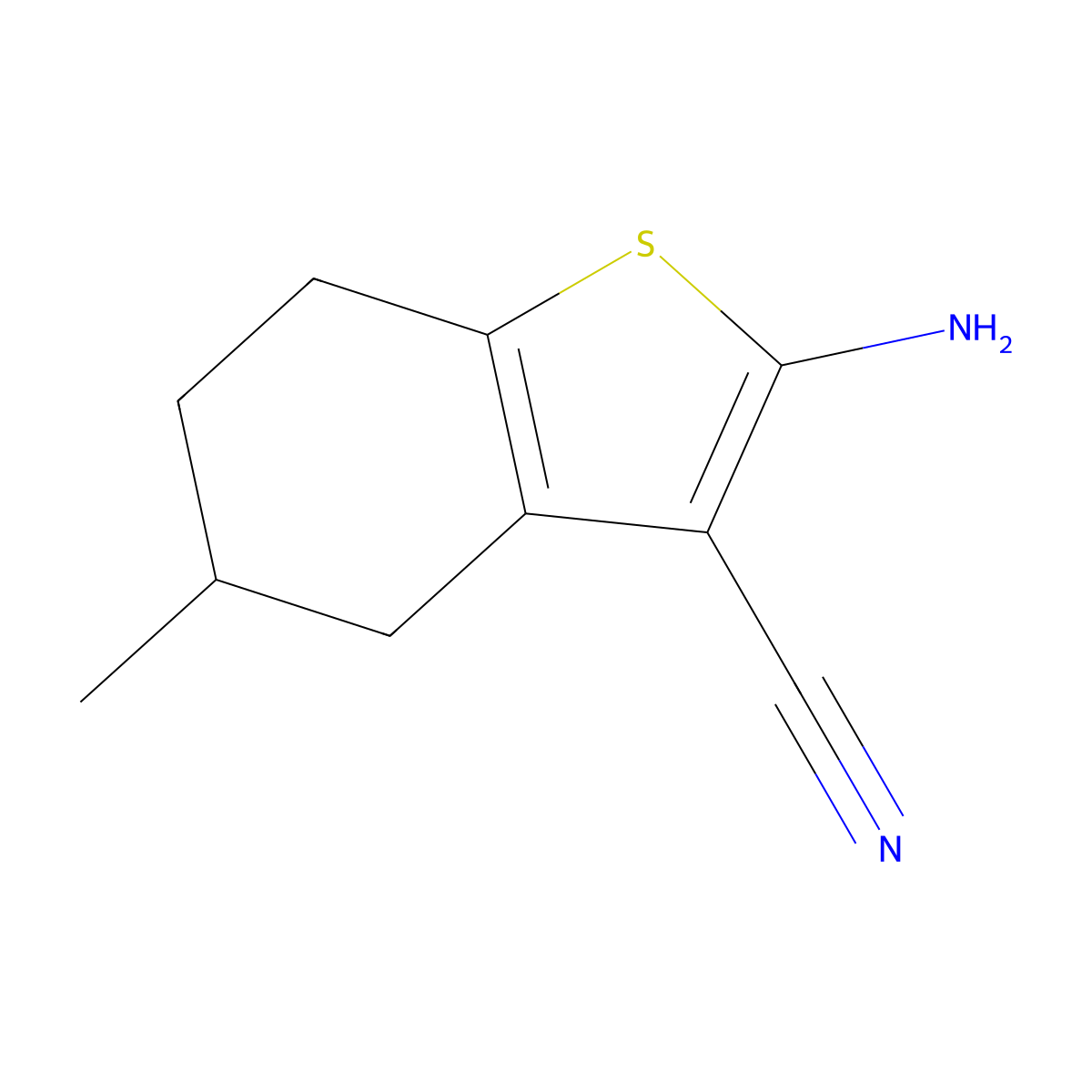 2-Amino-5-methyl-4,5,6,7-tetrahydro-1-benzothiophene-3-carbonitrile molecular structure, CAS 42159-74-0
