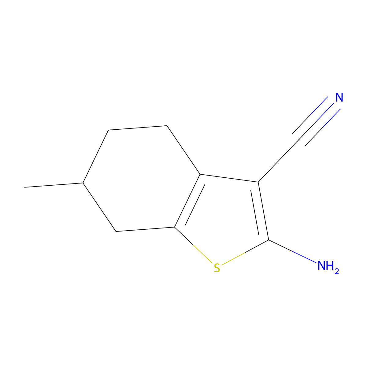 2-Amino-6-methyl-4,5,6,7-tetrahydro-1-benzothiophene-3-carbonitrile molecular structure, CAS 42225-04-7
