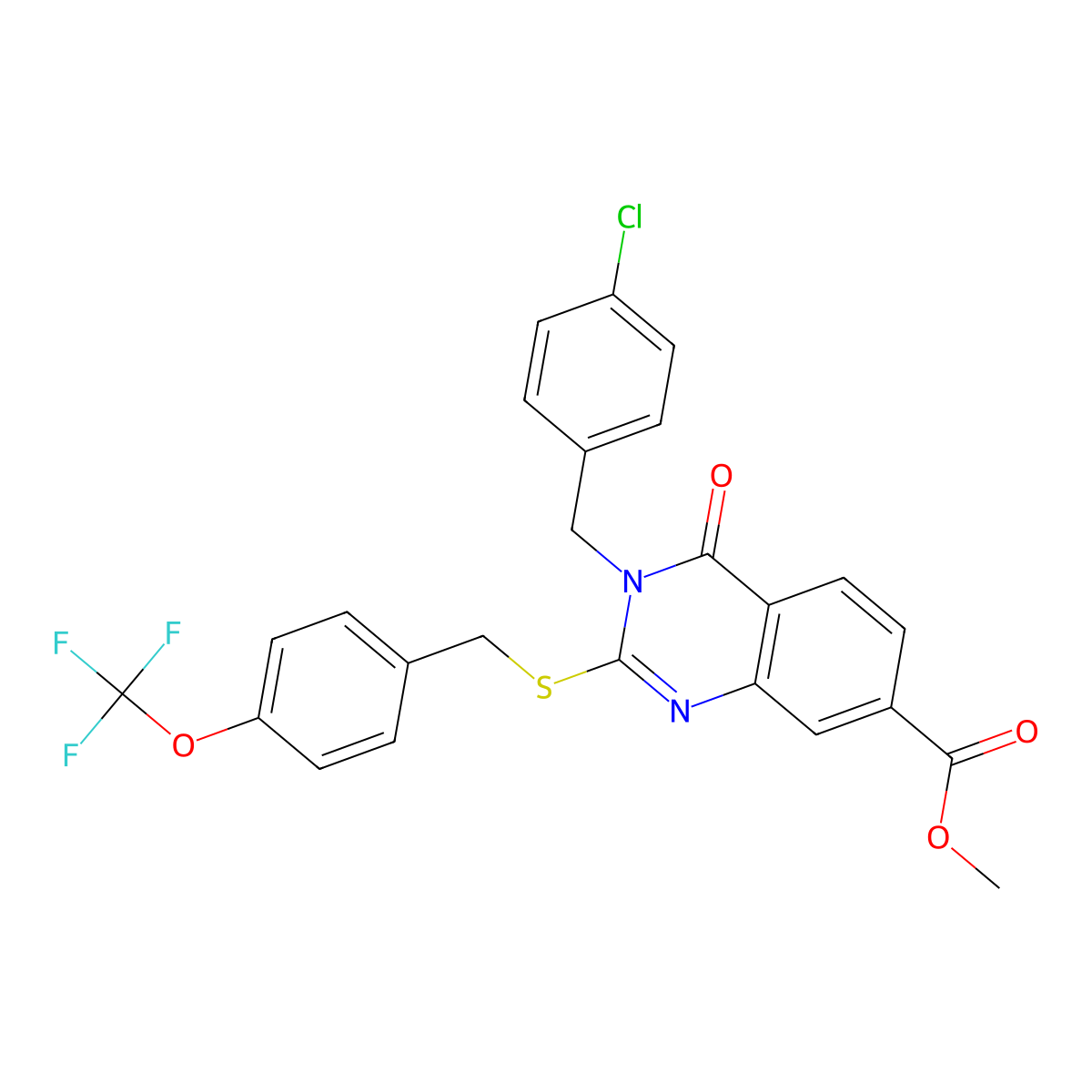 Methyl 3-[(4-chlorophenyl)methyl]-4-oxo-2-[[4-(trifluoromethoxy)phenyl]methylsulfanyl]quinazoline-7-carboxylate molecular structure, CAS 422273-71-0