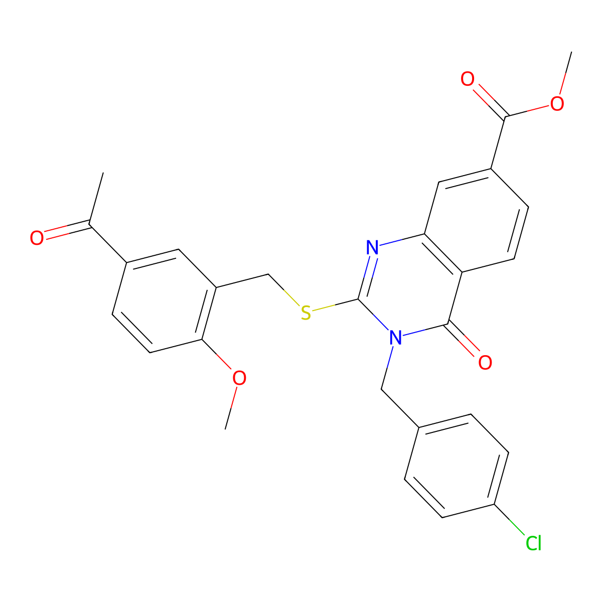 Methyl 2-[(5-acetyl-2-methoxyphenyl)methylsulfanyl]-3-[(4-chlorophenyl)methyl]-4-oxoquinazoline-7-carboxylate molecular structure, CAS 422273-72-1