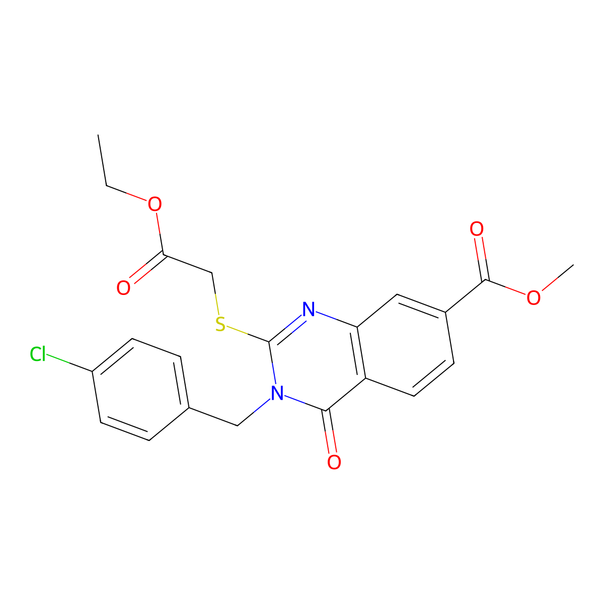 Methyl 3-(4-chlorobenzyl)-2-((2-ethoxy-2-oxoethyl)thio)-4-oxo-3,4-dihydroquinazoline-7-carboxylate molecular structure, CAS 422273-73-2