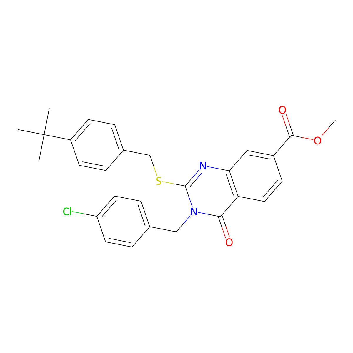 Methyl 2-[(4-tert-butylphenyl)methylsulfanyl]-3-[(4-chlorophenyl)methyl]-4-oxoquinazoline-7-carboxylate molecular structure, CAS 422273-74-3