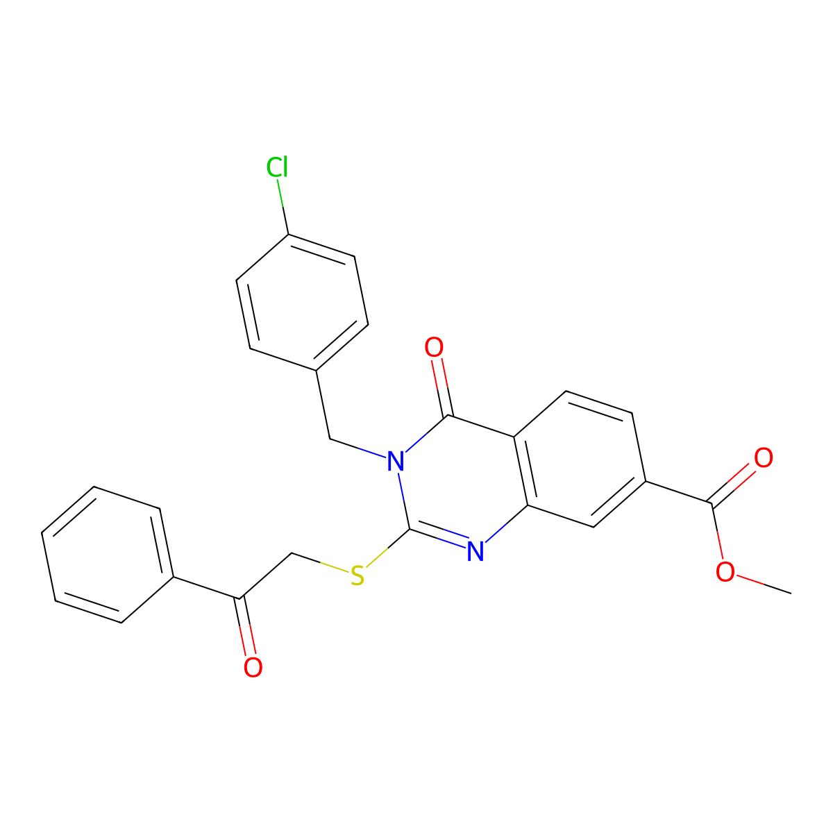 Methyl 3-[(4-chlorophenyl)methyl]-4-oxo-2-phenacylsulfanylquinazoline-7-carboxylate molecular structure, CAS 422273-76-5