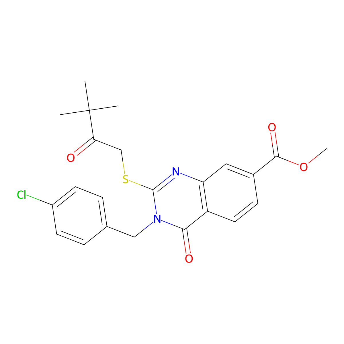 Methyl 3-[(4-chlorophenyl)methyl]-2-(3,3-dimethyl-2-oxobutyl)sulfanyl-4-oxoquinazoline-7-carboxylate molecular structure, CAS 422273-77-6