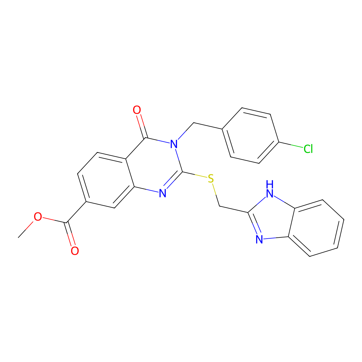 methyl 2-(1H-benzimidazol-2-ylmethylsulfanyl)-3-[(4-chlorophenyl)methyl]-4-oxoquinazoline-7-carboxylate molecular structure, CAS 422273-78-7