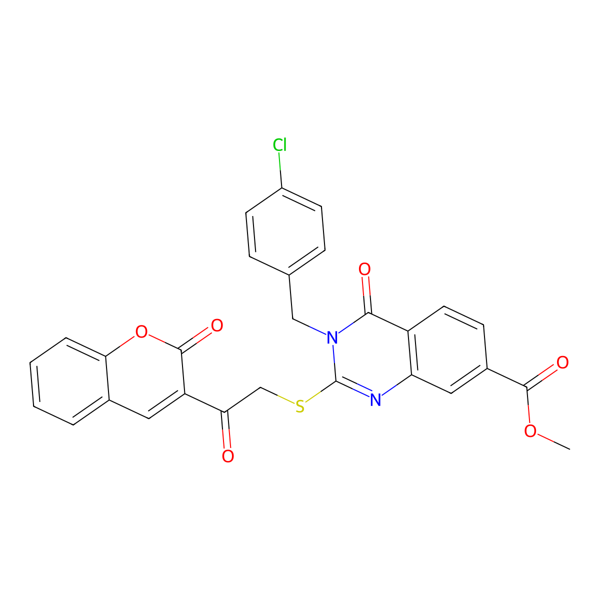 Methyl 3-[(4-chlorophenyl)methyl]-4-oxo-2-[2-oxo-2-(2-oxochromen-3-yl)ethyl]sulfanylquinazoline-7-carboxylate molecular structure, CAS 422273-79-8