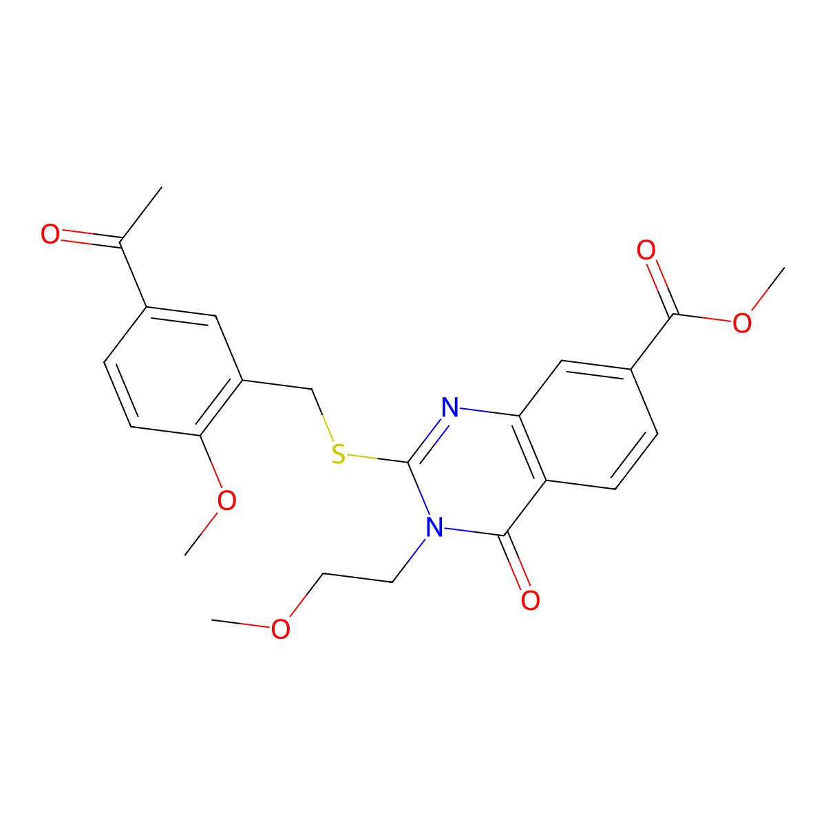 Methyl 2-((5-acetyl-2-methoxybenzyl)thio)-3-(2-methoxyethyl)-4-oxo-3,4-dihydroquinazoline-7-carboxylate molecular structure, CAS 422273-80-1