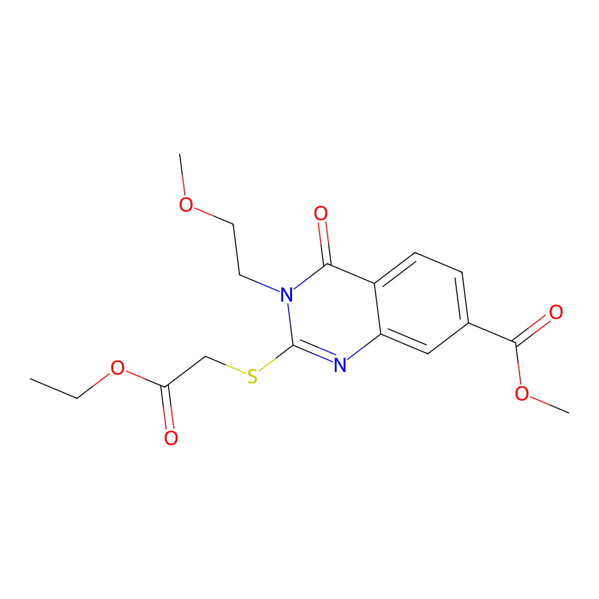 Methyl 2-((2-ethoxy-2-oxoethyl)thio)-3-(2-methoxyethyl)-4-oxo-3,4-dihydroquinazoline-7-carboxylate molecular structure, CAS 422273-81-2
