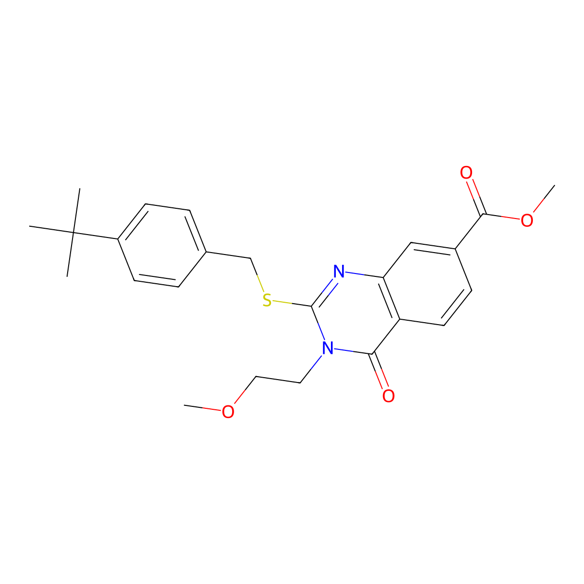 Methyl 2-[(4-tert-butylphenyl)methylsulfanyl]-3-(2-methoxyethyl)-4-oxoquinazoline-7-carboxylate molecular structure, CAS 422273-82-3