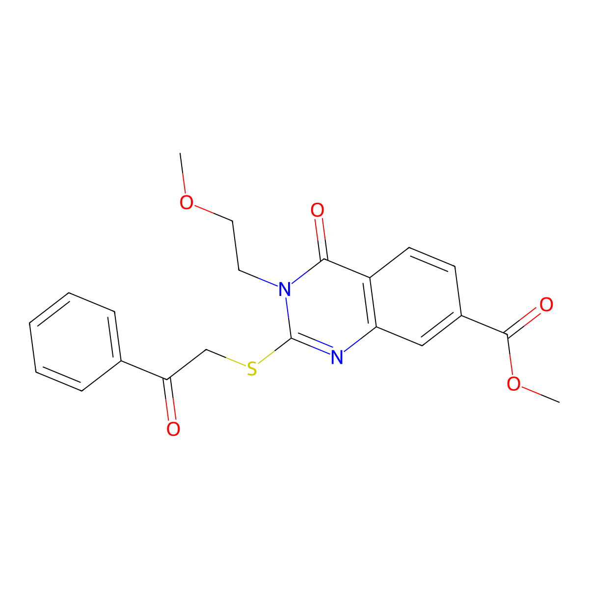 Methyl 3-(2-methoxyethyl)-4-oxo-2-phenacylsulfanylquinazoline-7-carboxylate molecular structure, CAS 422273-83-4