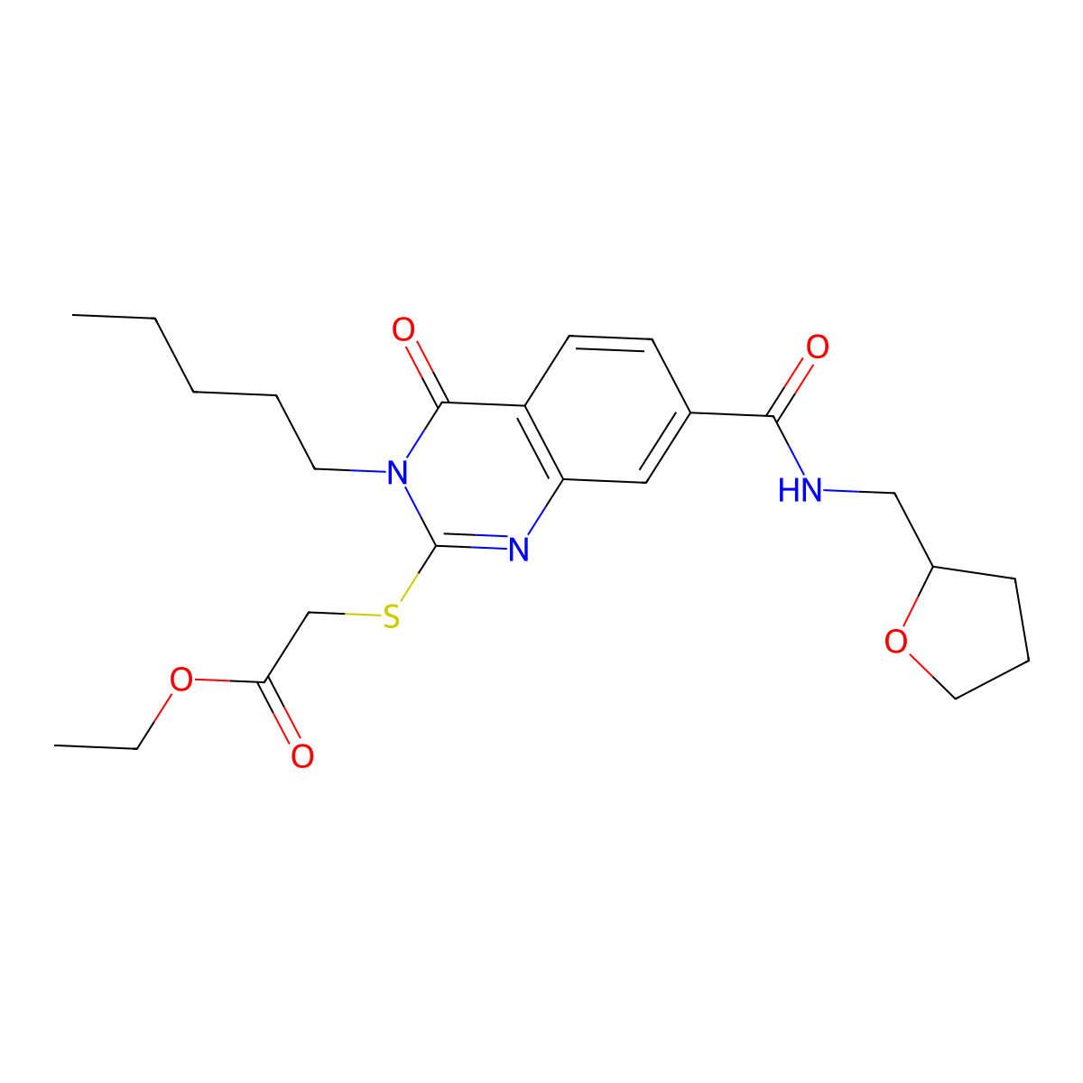 Ethyl 2-((4-oxo-3-pentyl-7-(((tetrahydrofuran-2-yl)methyl)carbamoyl)-3,4-dihydroquinazolin-2-yl)thio)acetate molecular structure, CAS 422276-43-5