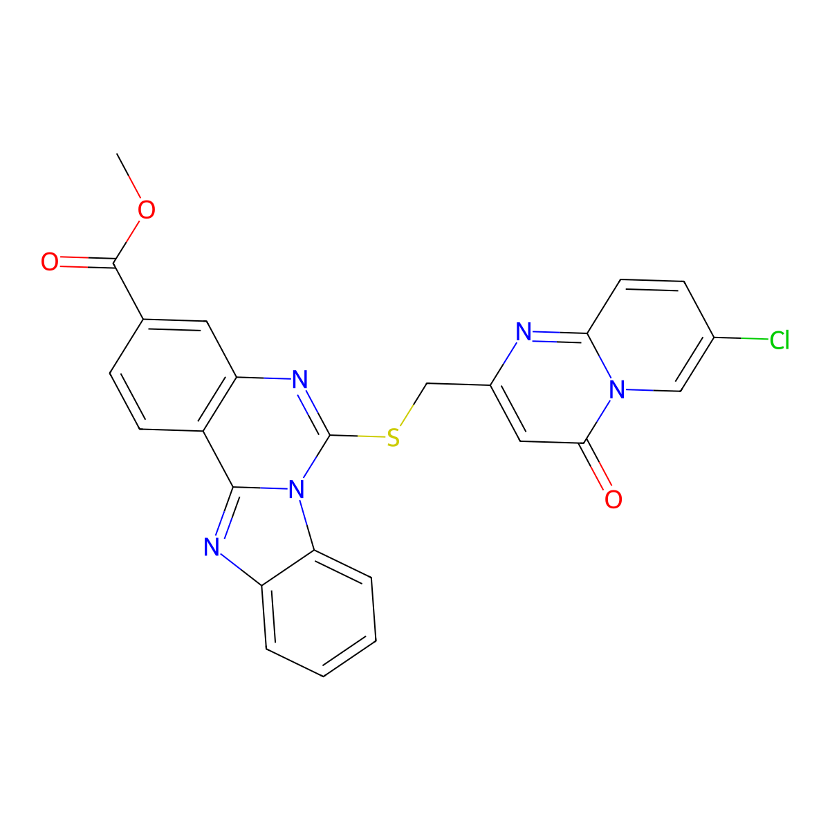 Methyl 6-[(7-chloro-4-oxopyrido[1,2-a]pyrimidin-2-yl)methylsulfanyl]benzimidazolo[1,2-c]quinazoline-3-carboxylate molecular structure, CAS 422276-69-5