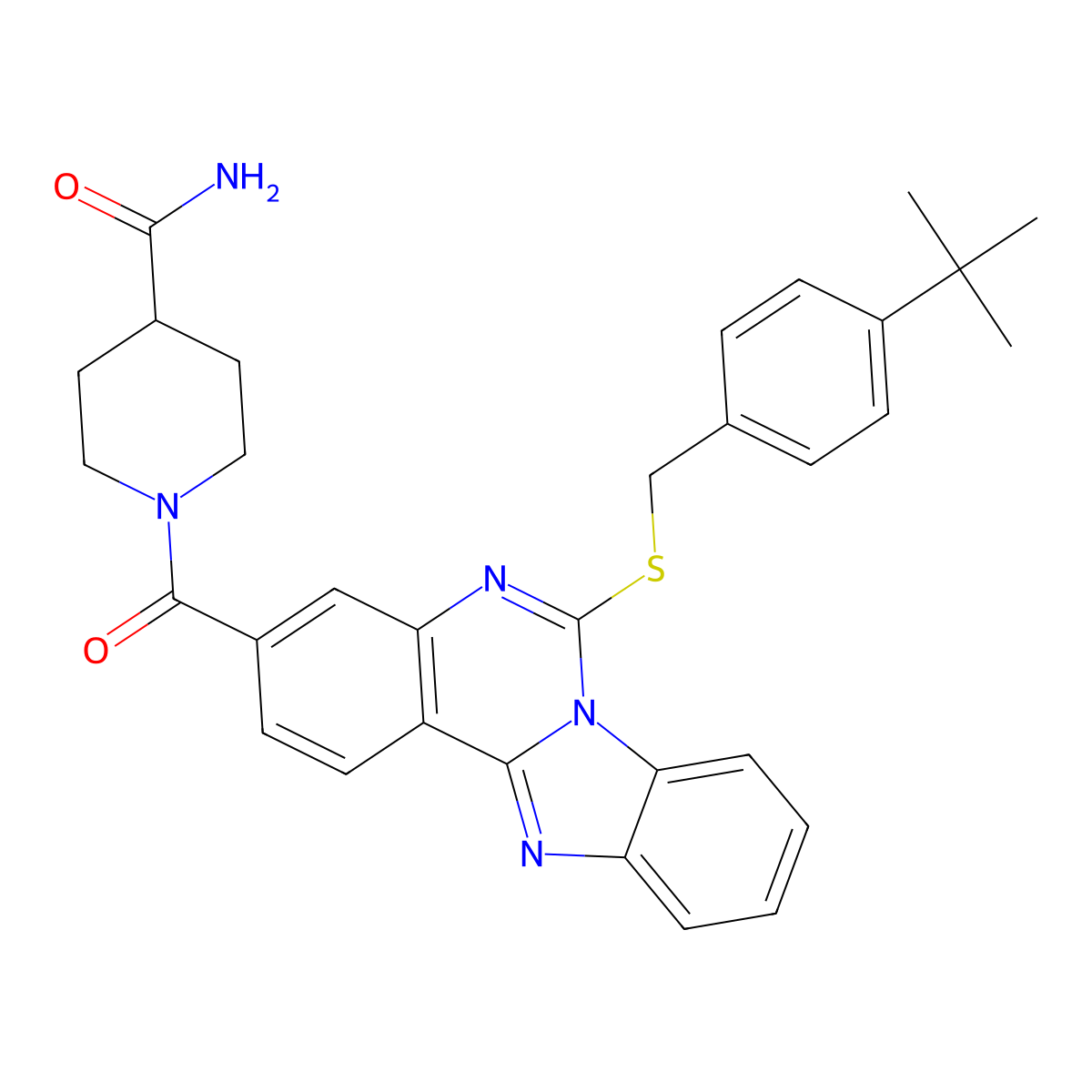 1-[6-[(4-Tert-butylphenyl)methylsulfanyl]benzimidazolo[1,2-c]quinazoline-3-carbonyl]piperidine-4-carboxamide molecular structure, CAS 422276-89-9