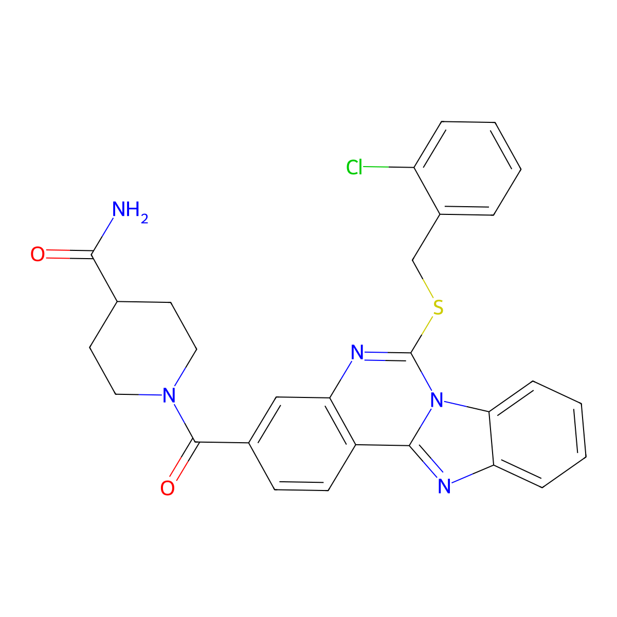 1-[6-[(2-Chlorophenyl)methylsulfanyl]benzimidazolo[1,2-c]quinazoline-3-carbonyl]piperidine-4-carboxamide molecular structure, CAS 422276-91-3