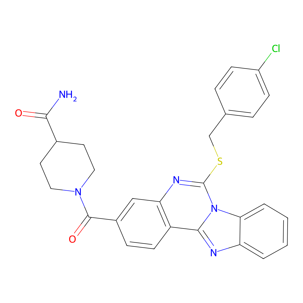 1-[6-[(4-Chlorophenyl)methylsulfanyl]benzimidazolo[1,2-c]quinazoline-3-carbonyl]piperidine-4-carboxamide molecular structure, CAS 422276-93-5
