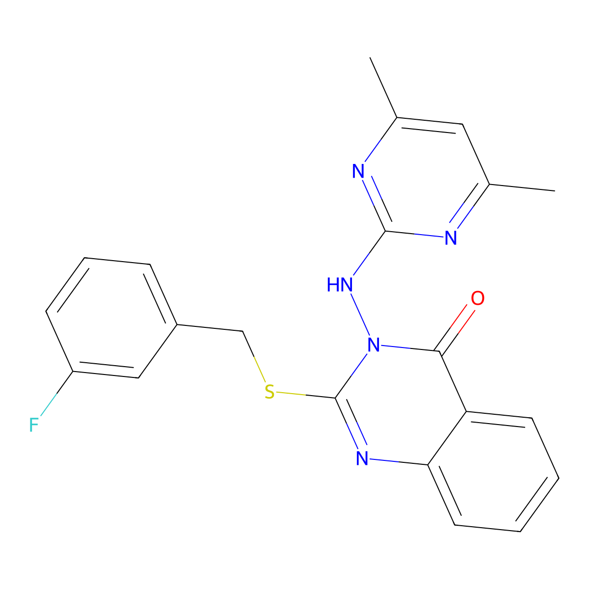 3-[(4,6-Dimethylpyrimidin-2-yl)amino]-2-[(3-fluorophenyl)methylsulfanyl]quinazolin-4-one molecular structure, CAS 422279-60-5