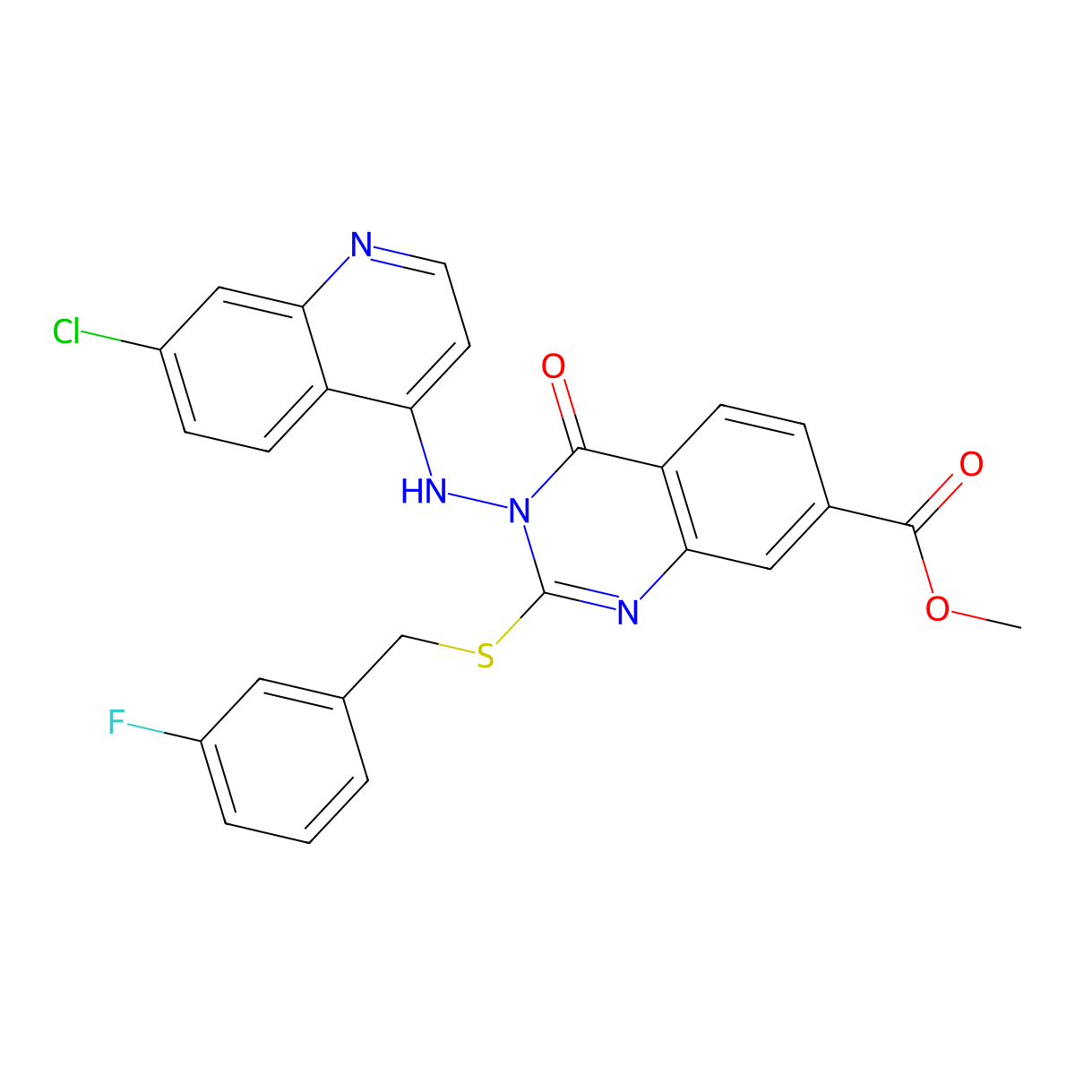 Methyl 3-[(7-chloroquinolin-4-yl)amino]-2-[(3-fluorophenyl)methylsulfanyl]-4-oxoquinazoline-7-carboxylate molecular structure, CAS 422279-64-9