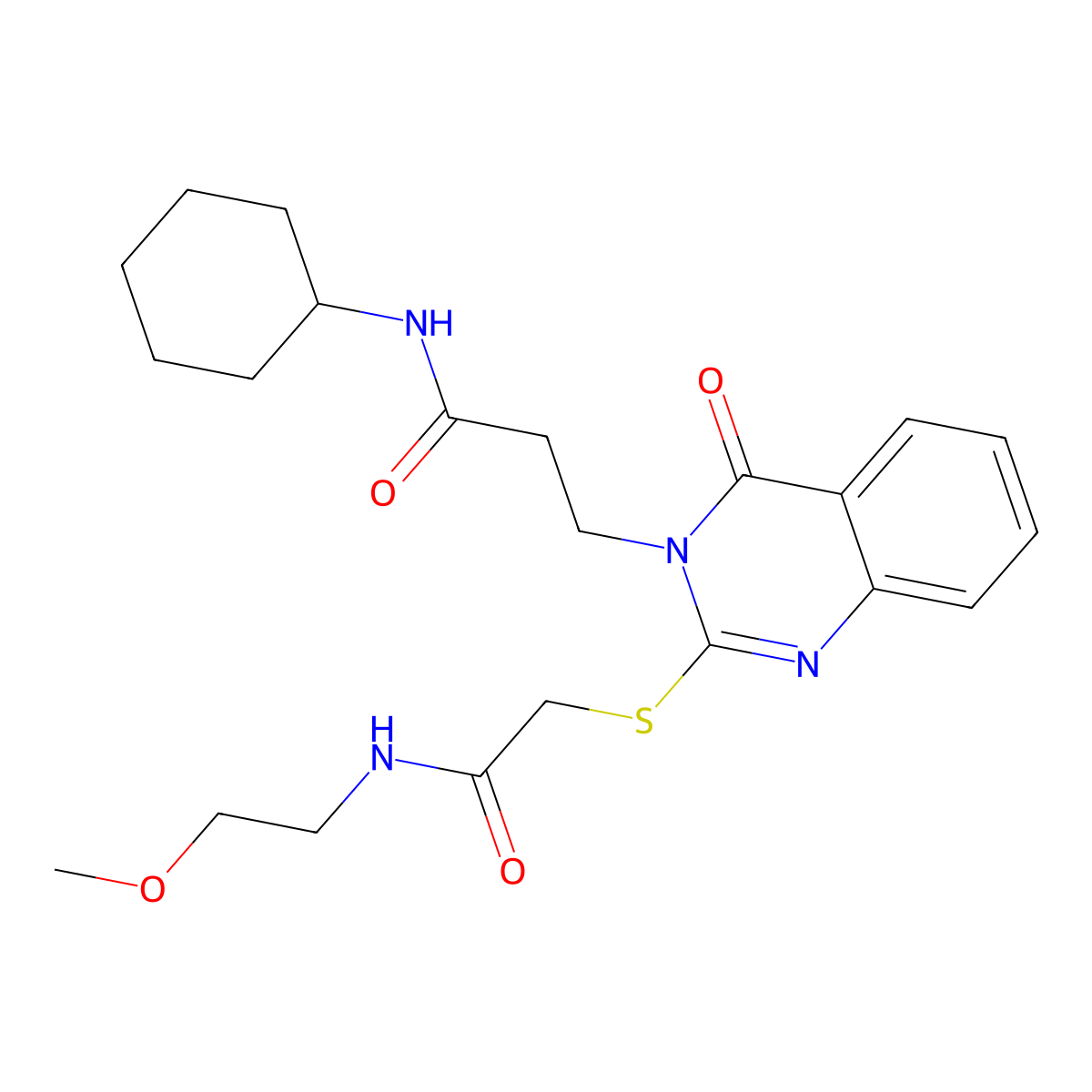 N-cyclohexyl-3-(2-((2-((2-methoxyethyl)amino)-2-oxoethyl)thio)-4-oxoquinazolin-3(4H)-yl)propanamide molecular structure, CAS 422281-11-6