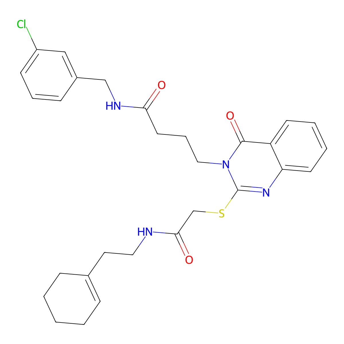 N-[(3-chlorophenyl)methyl]-4-[2-[2-[2-(cyclohexen-1-yl)ethylamino]-2-oxoethyl]sulfanyl-4-oxoquinazolin-3-yl]butanamide molecular structure, CAS 422282-36-8