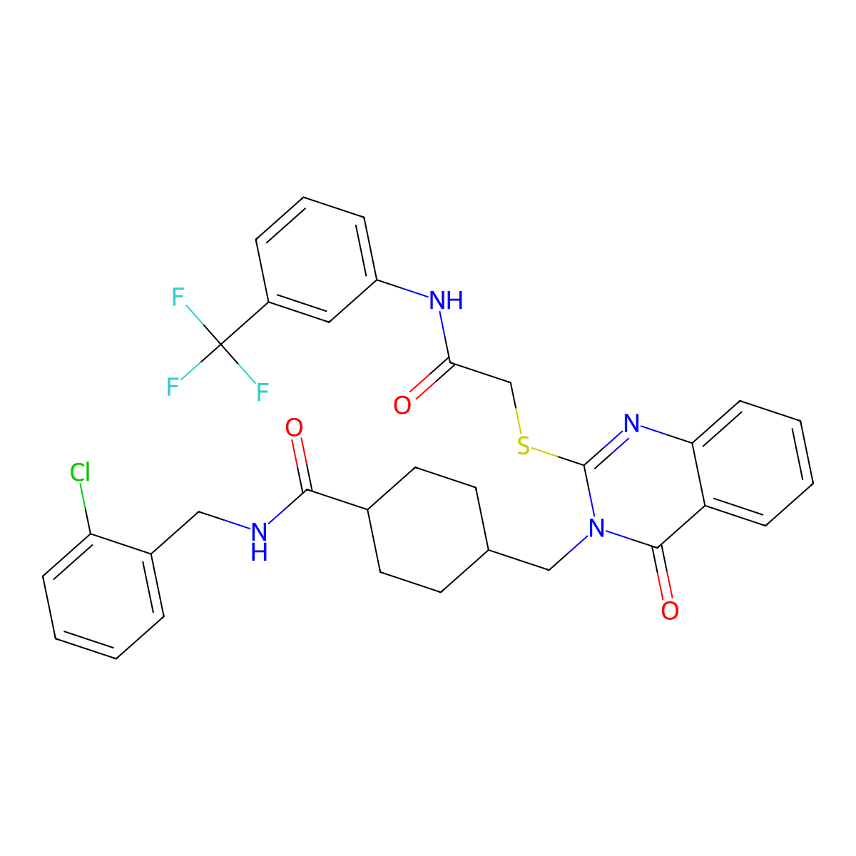 N-(2-chlorobenzyl)-4-((4-oxo-2-((2-oxo-2-((3-(trifluoromethyl)phenyl)amino)ethyl)thio)quinazolin-3(4H)-yl)methyl)cyclohexanecarboxamide molecular structure, CAS 422282-51-7