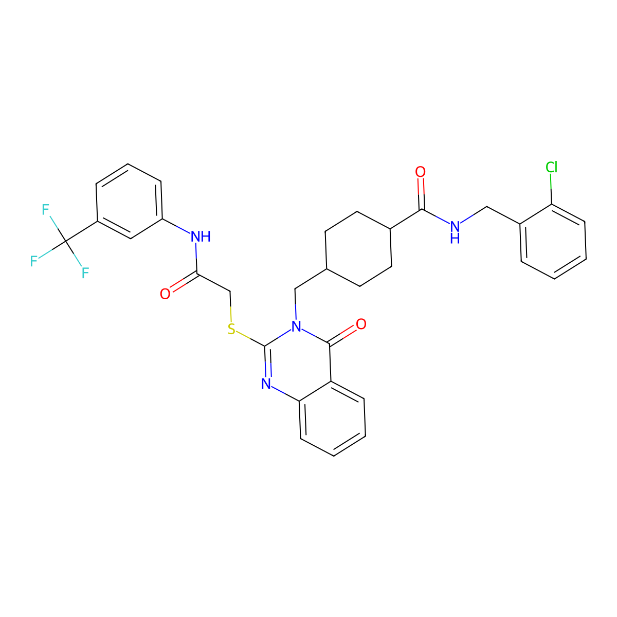 N-(2-chlorobenzyl)-4-((4-oxo-2-((2-oxo-2-((3-(trifluoromethyl)phenyl)amino)ethyl)thio)quinazolin-3(4H)-yl)methyl)cyclohexanecarboxamide molecular structure, CAS 422282-51-7