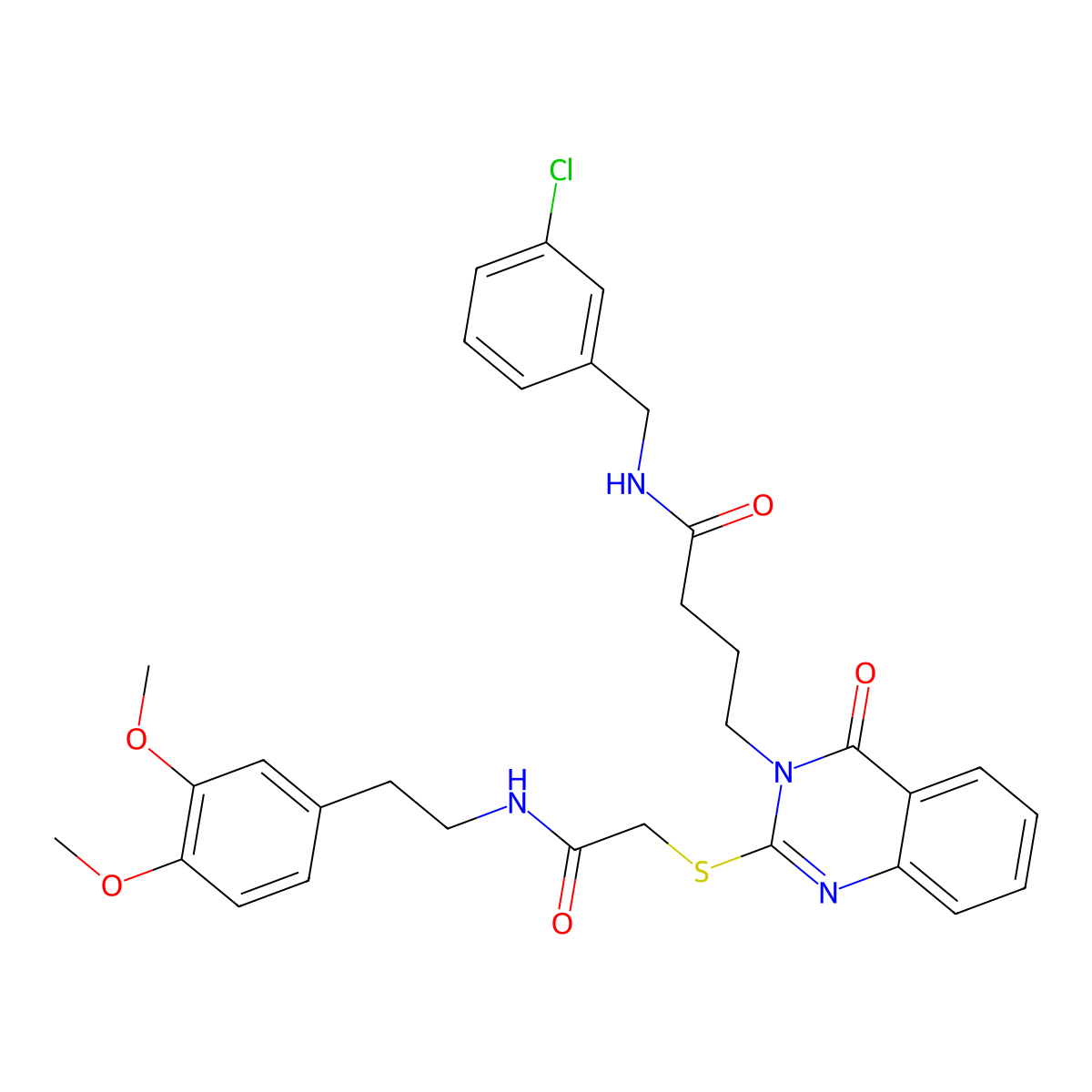 N-(3-chlorobenzyl)-4-(2-((2-((3,4-dimethoxyphenethyl)amino)-2-oxoethyl)thio)-4-oxoquinazolin-3(4H)-yl)butanamide molecular structure, CAS 422283-16-7