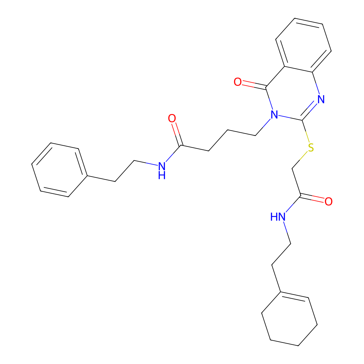 4-(2-((2-((2-(cyclohex-1-en-1-yl)ethyl)amino)-2-oxoethyl)thio)-4-oxoquinazolin-3(4H)-yl)-N-phenethylbutanamide molecular structure, CAS 422283-26-9