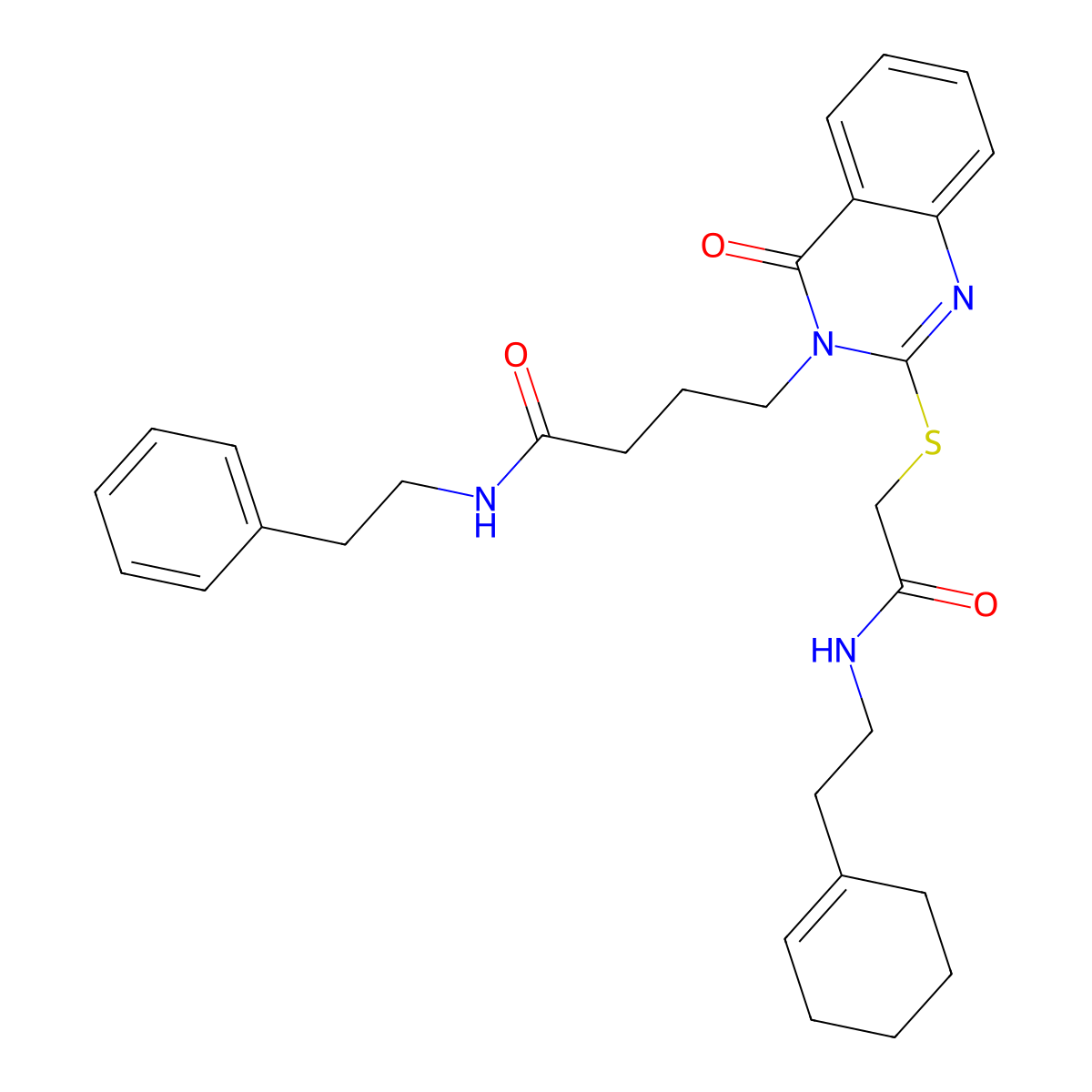 4-(2-((2-((2-(cyclohex-1-en-1-yl)ethyl)amino)-2-oxoethyl)thio)-4-oxoquinazolin-3(4H)-yl)-N-phenethylbutanamide molecular structure, CAS 422283-26-9