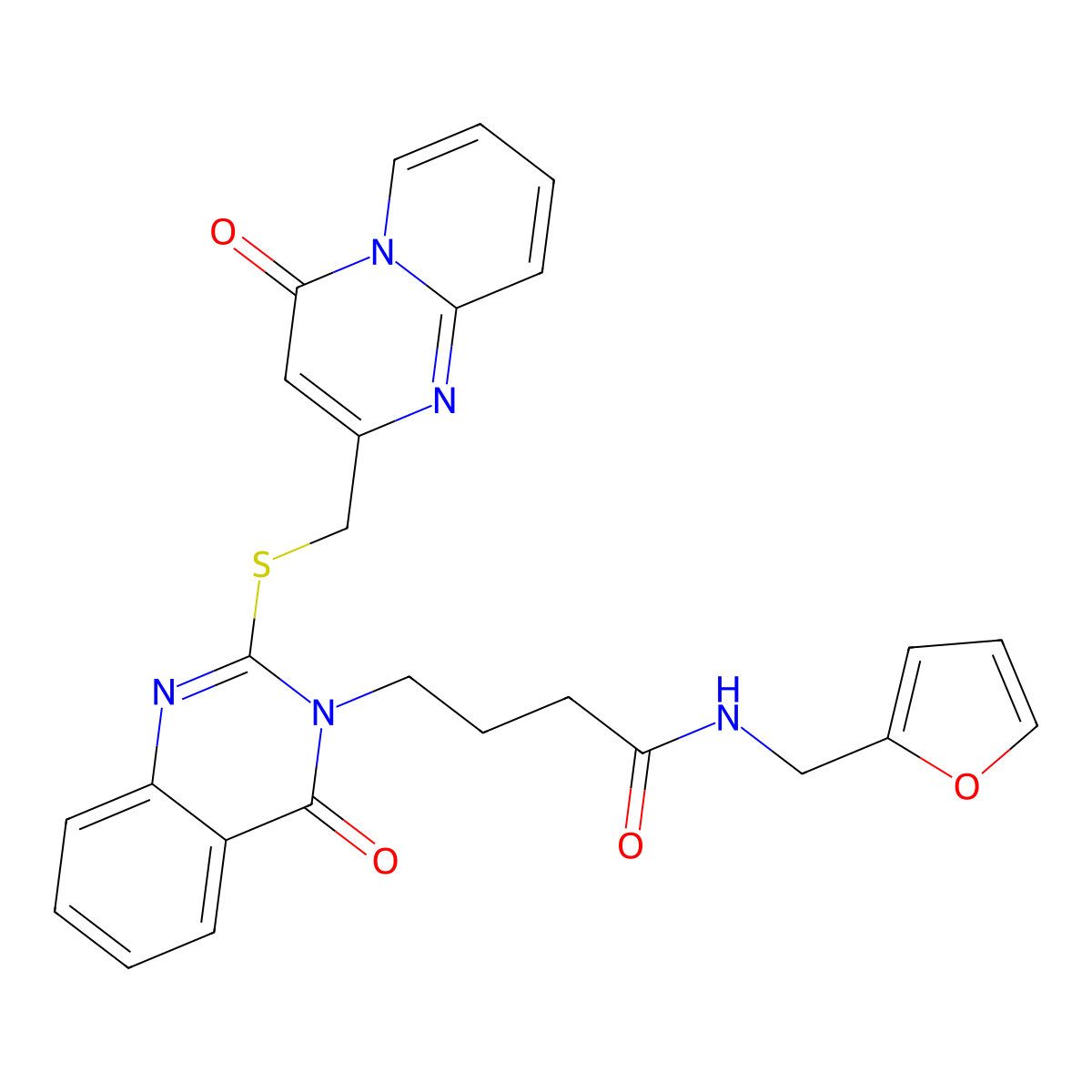 N-(furan-2-ylmethyl)-4-[4-oxo-2-[(4-oxopyrido[1,2-a]pyrimidin-2-yl)methylsulfanyl]quinazolin-3-yl]butanamide molecular structure, CAS 422283-34-9