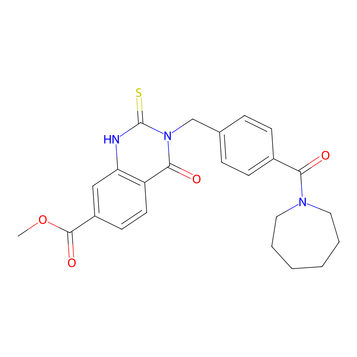 Methyl 3-[[4-(azepane-1-carbonyl)phenyl]methyl]-4-oxo-2-sulfanylidene-1H-quinazoline-7-carboxylate molecular structure, CAS 422283-60-1