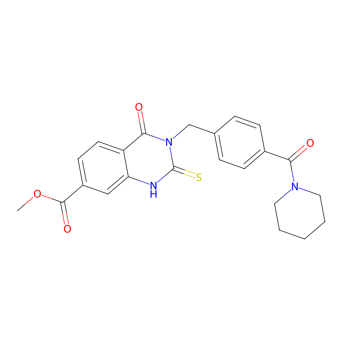 methyl 4-oxo-3-[[4-(piperidine-1-carbonyl)phenyl]methyl]-2-sulfanylidene-1H-quinazoline-7-carboxylate molecular structure, CAS 422283-61-2