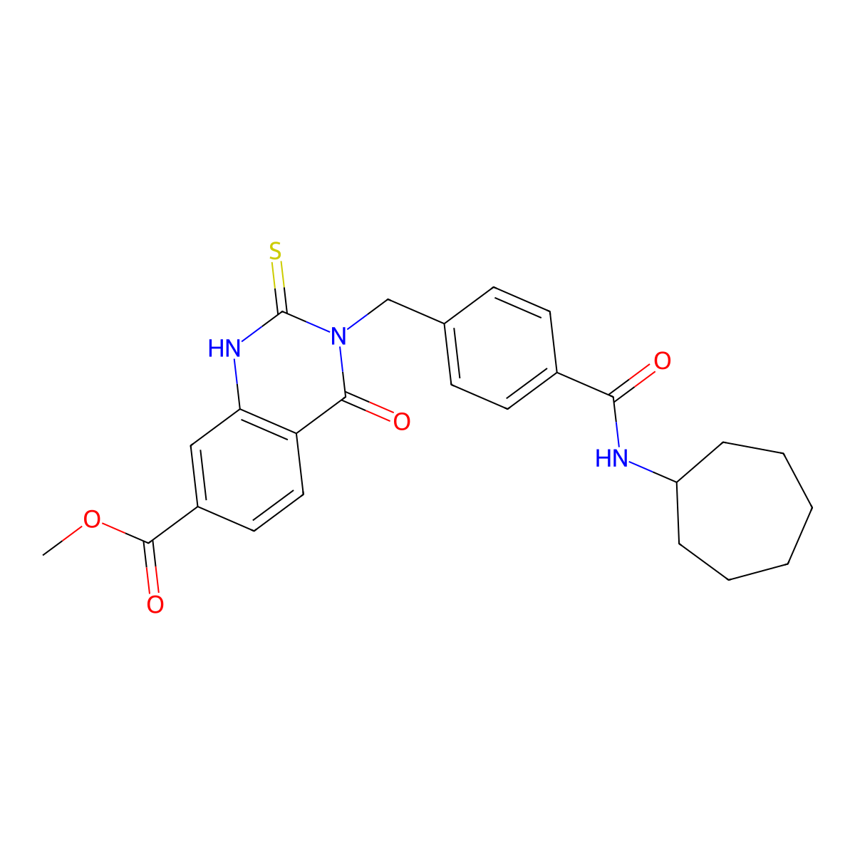methyl 3-[[4-(cycloheptylcarbamoyl)phenyl]methyl]-4-oxo-2-sulfanylidene-1H-quinazoline-7-carboxylate molecular structure, CAS 422283-71-4