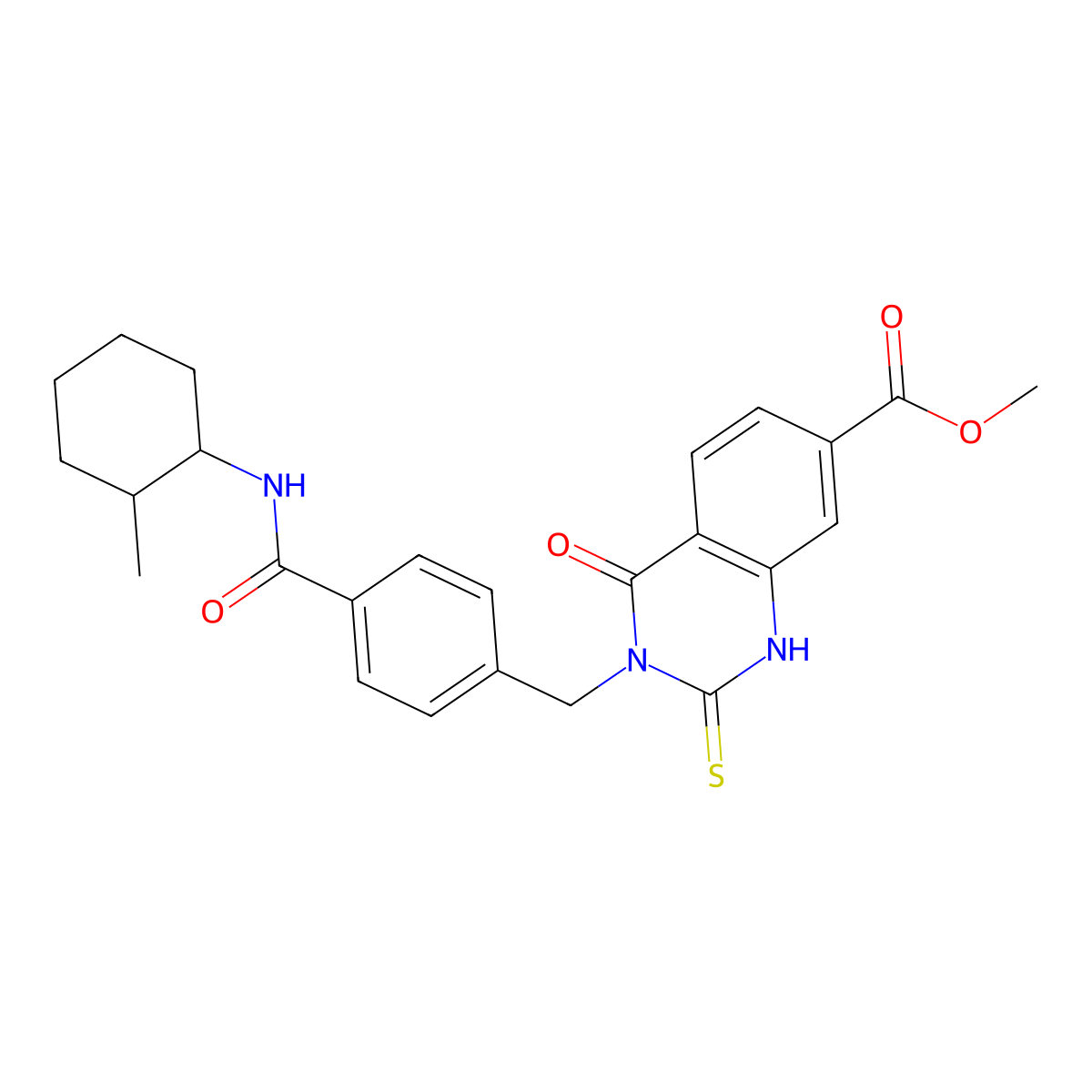 Methyl 3-(4-((2-methylcyclohexyl)carbamoyl)benzyl)-4-oxo-2-thioxo-1,2,3,4-tetrahydroquinazoline-7-carboxylate molecular structure, CAS 422283-73-6
