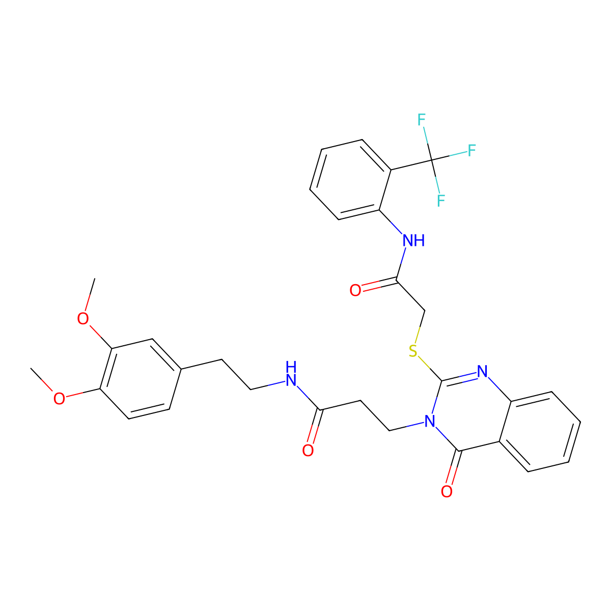 N-[2-(3,4-dimethoxyphenyl)ethyl]-3-{4-oxo-2-[({[2-(trifluoromethyl)phenyl]carbamoyl}methyl)sulfanyl]-3,4-dihydroquinazolin-3-yl}propanamide molecular structure, CAS 422286-92-8