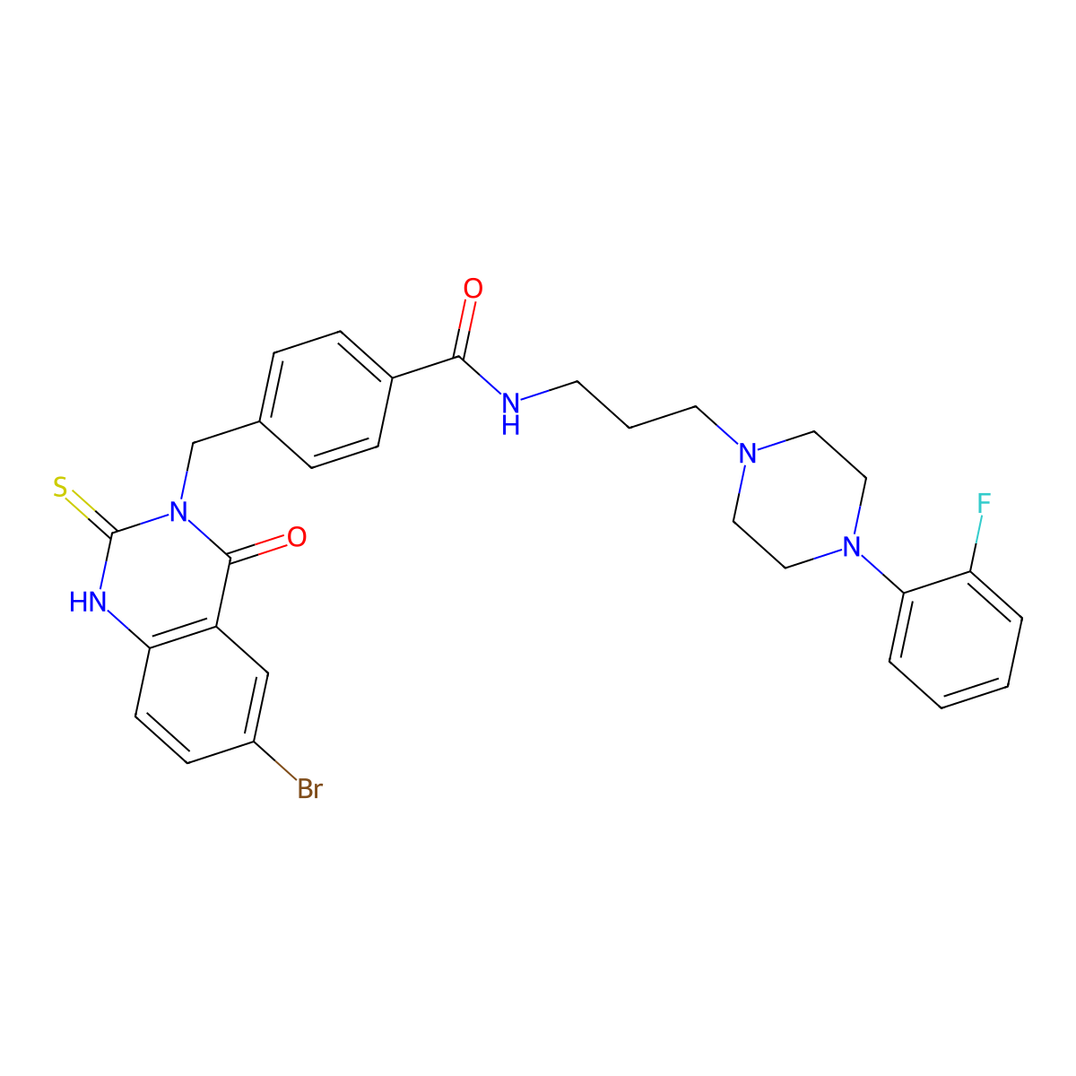 4-((6-bromo-4-oxo-2-thioxo-1,2-dihydroquinazolin-3(4H)-yl)methyl)-N-(3-(4-(2-fluorophenyl)piperazin-1-yl)propyl)benzamide molecular structure, CAS 422287-20-5