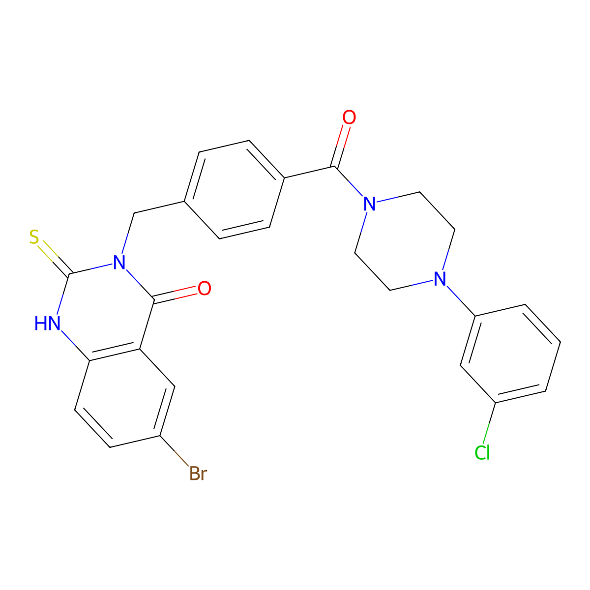 6-Bromo-3-({4-[4-(3-chlorophenyl)piperazine-1-carbonyl]phenyl}methyl)-2-sulfanylidene-1,2,3,4-tetrahydroquinazolin-4-one molecular structure, CAS 422287-52-3