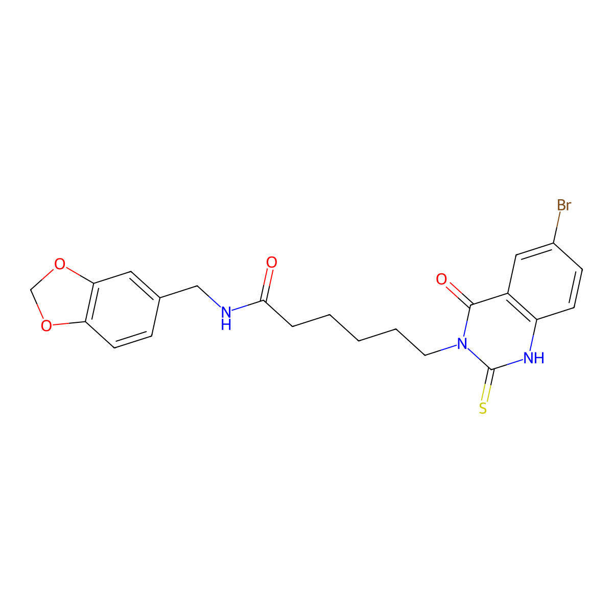 N-(1,3-benzodioxol-5-ylmethyl)-6-(6-bromo-4-oxo-2-sulfanylidene-1H-quinazolin-3-yl)hexanamide molecular structure, CAS 422288-30-0
