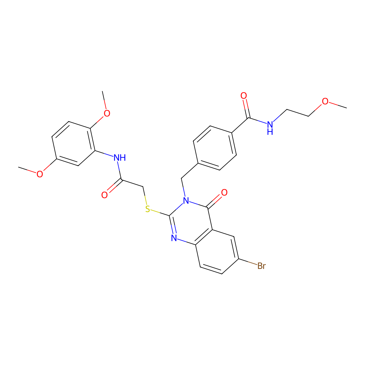 4-{[6-bromo-2-({[(2,5-dimethoxyphenyl)carbamoyl]methyl}sulfanyl)-4-oxo-3,4-dihydroquinazolin-3-yl]methyl}-N-(2-methoxyethyl)benzamide molecular structure, CAS 422288-53-7