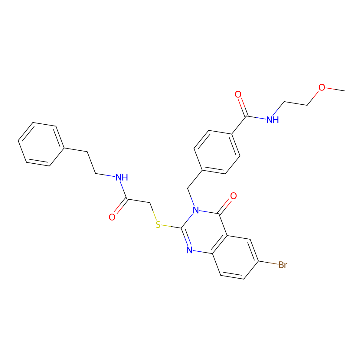 4-{[6-bromo-4-oxo-2-({[(2-phenylethyl)carbamoyl]methyl}sulfanyl)-3,4-dihydroquinazolin-3-yl]methyl}-N-(2-methoxyethyl)benzamide molecular structure, CAS 422288-55-9