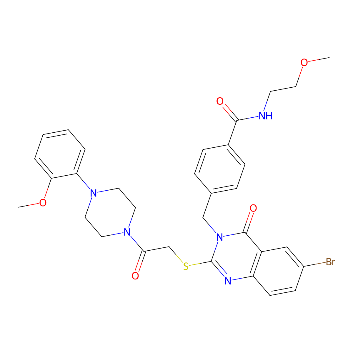 4-((6-bromo-2-((2-(4-(2-methoxyphenyl)piperazin-1-yl)-2-oxoethyl)thio)-4-oxoquinazolin-3(4H)-yl)methyl)-N-(2-methoxyethyl)benzamide molecular structure, CAS 422288-56-0