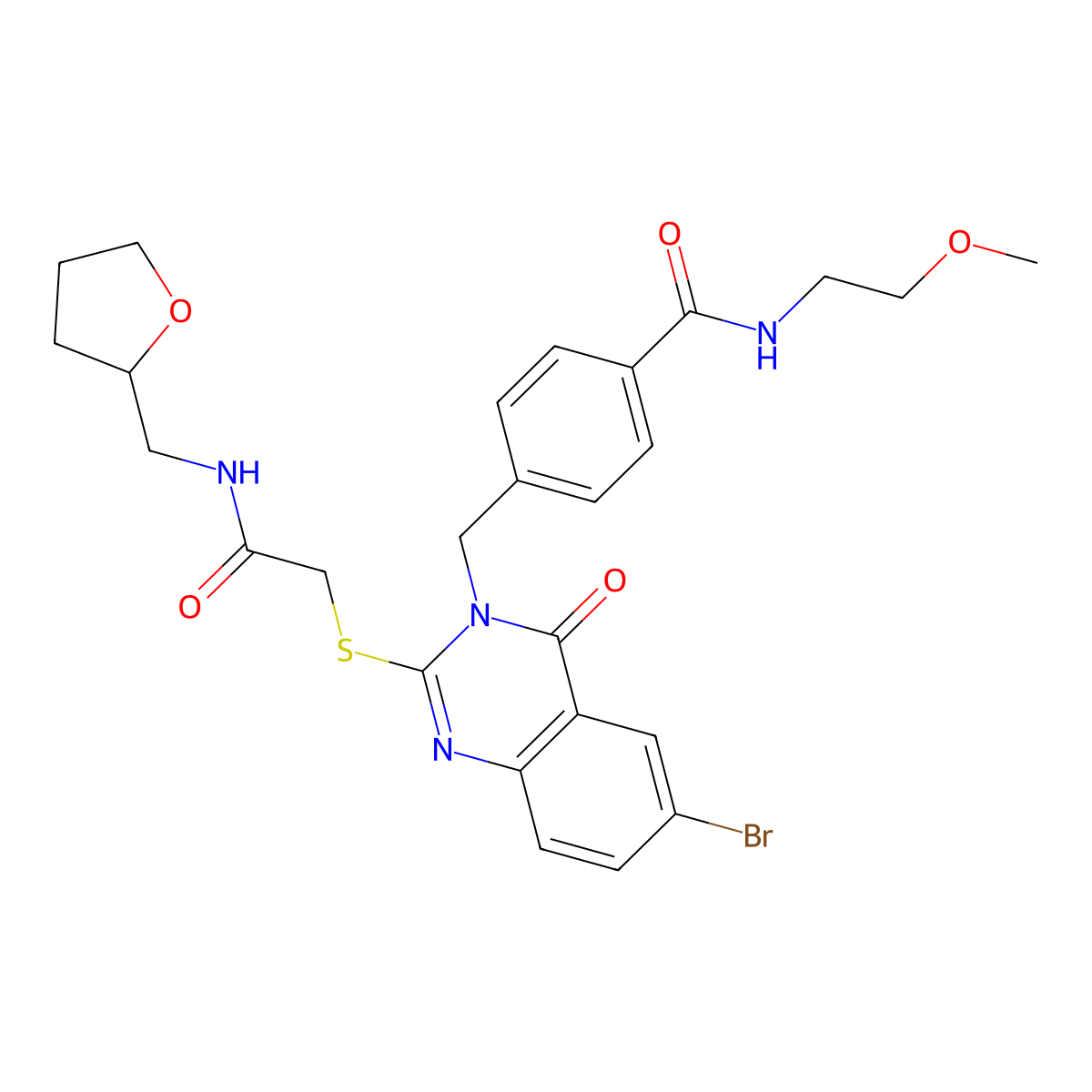 4-[[6-bromo-4-oxo-2-[2-oxo-2-(oxolan-2-ylmethylamino)ethyl]sulfanylquinazolin-3-yl]methyl]-N-(2-methoxyethyl)benzamide molecular structure, CAS 422288-62-8