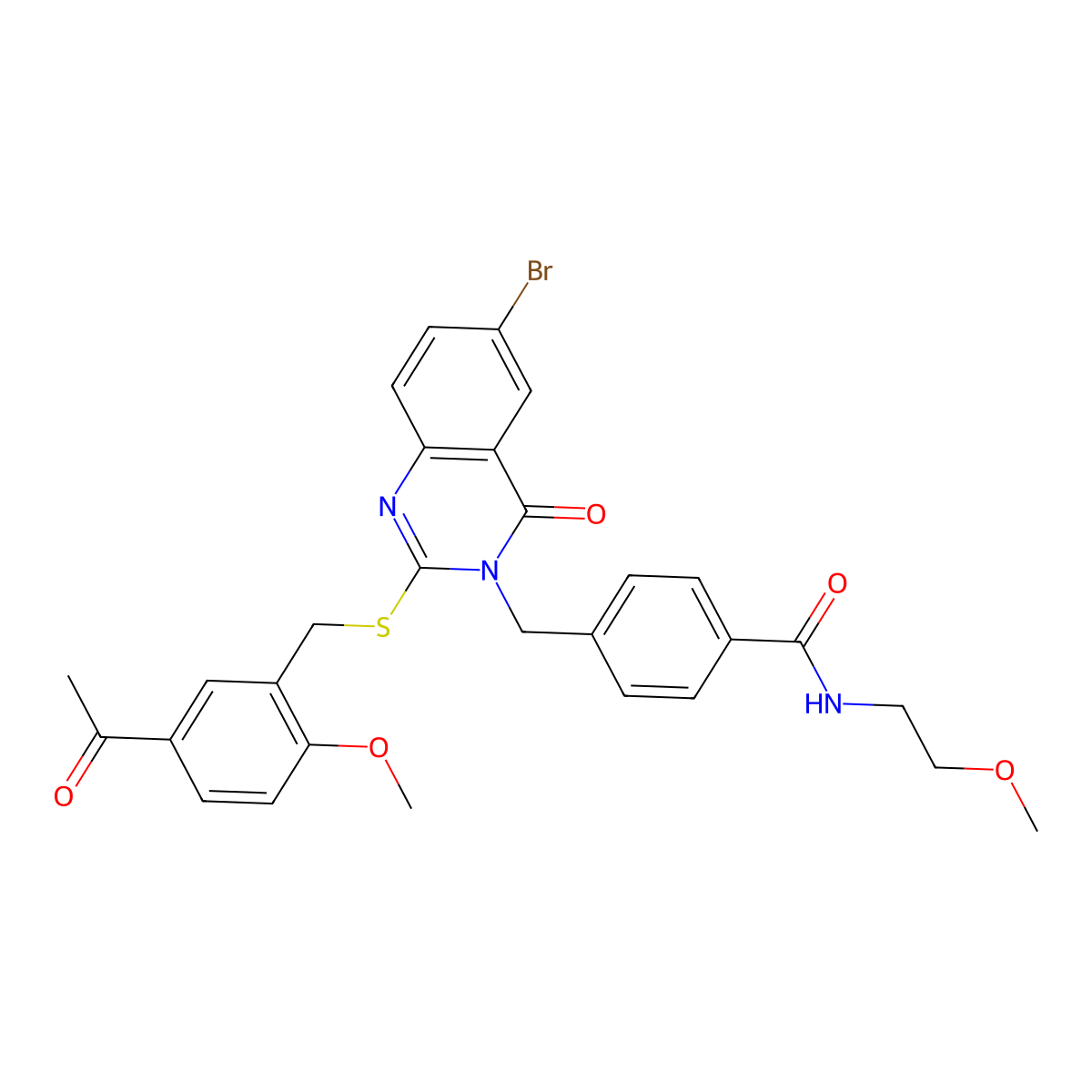 4-((2-((5-acetyl-2-methoxybenzyl)thio)-6-bromo-4-oxoquinazolin-3(4H)-yl)methyl)-N-(2-methoxyethyl)benzamide molecular structure, CAS 422288-65-1