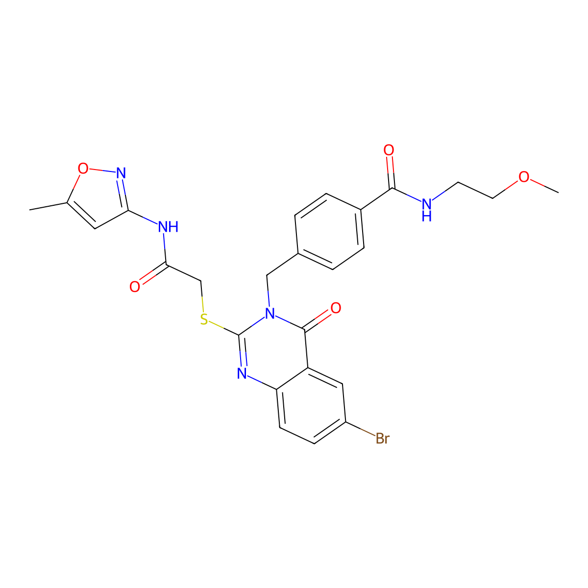 4-((6-bromo-2-((2-((5-methylisoxazol-3-yl)amino)-2-oxoethyl)thio)-4-oxoquinazolin-3(4H)-yl)methyl)-N-(2-methoxyethyl)benzamide molecular structure, CAS 422288-67-3