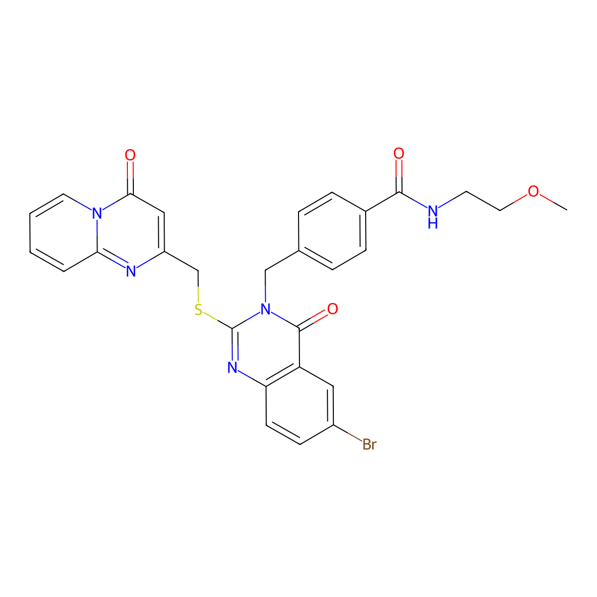 4-((6-bromo-4-oxo-2-(((4-oxo-4H-pyrido[1,2-a]pyrimidin-2-yl)methyl)thio)quinazolin-3(4H)-yl)methyl)-N-(2-methoxyethyl)benzamide molecular structure, CAS 422288-70-8