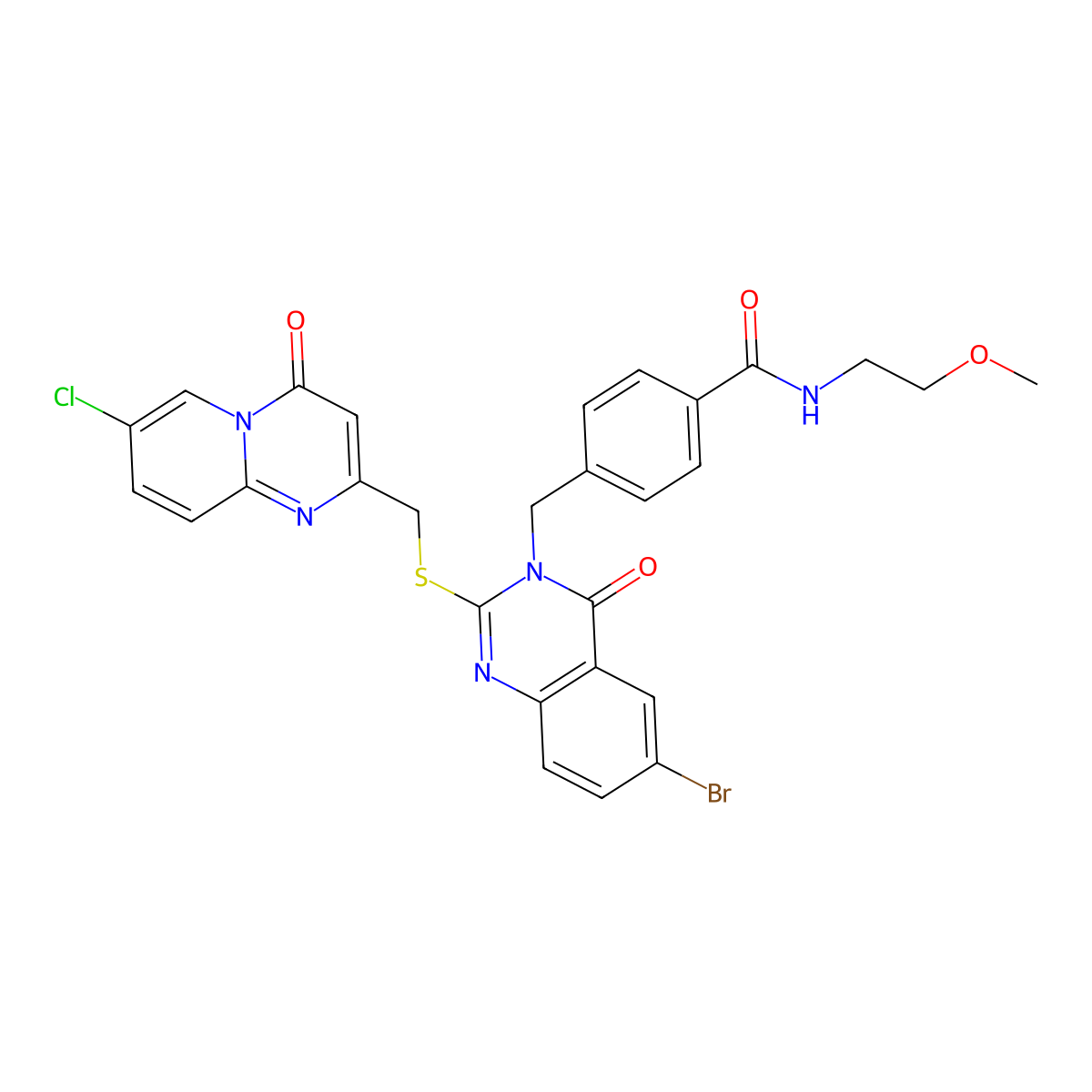 4-((6-bromo-2-(((7-chloro-4-oxo-4H-pyrido[1,2-a]pyrimidin-2-yl)methyl)thio)-4-oxoquinazolin-3(4H)-yl)methyl)-N-(2-methoxyethyl)benzamide molecular structure, CAS 422288-72-0