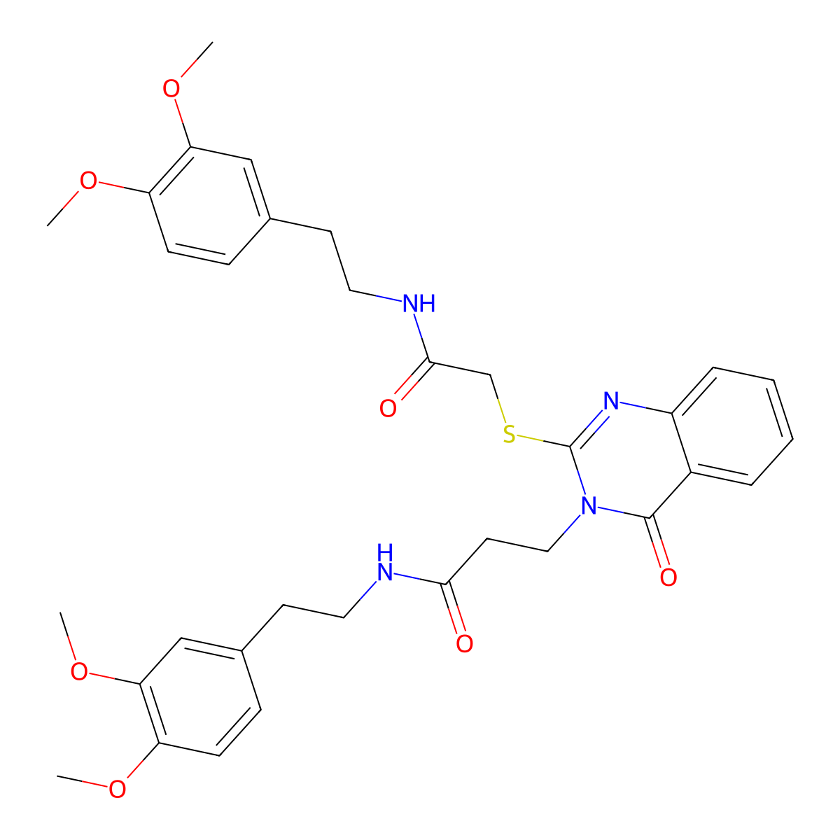 N-(3,4-dimethoxyphenethyl)-3-(2-((2-((3,4-dimethoxyphenethyl)amino)-2-oxoethyl)thio)-4-oxoquinazolin-3(4H)-yl)propanamide molecular structure, CAS 422288-96-8