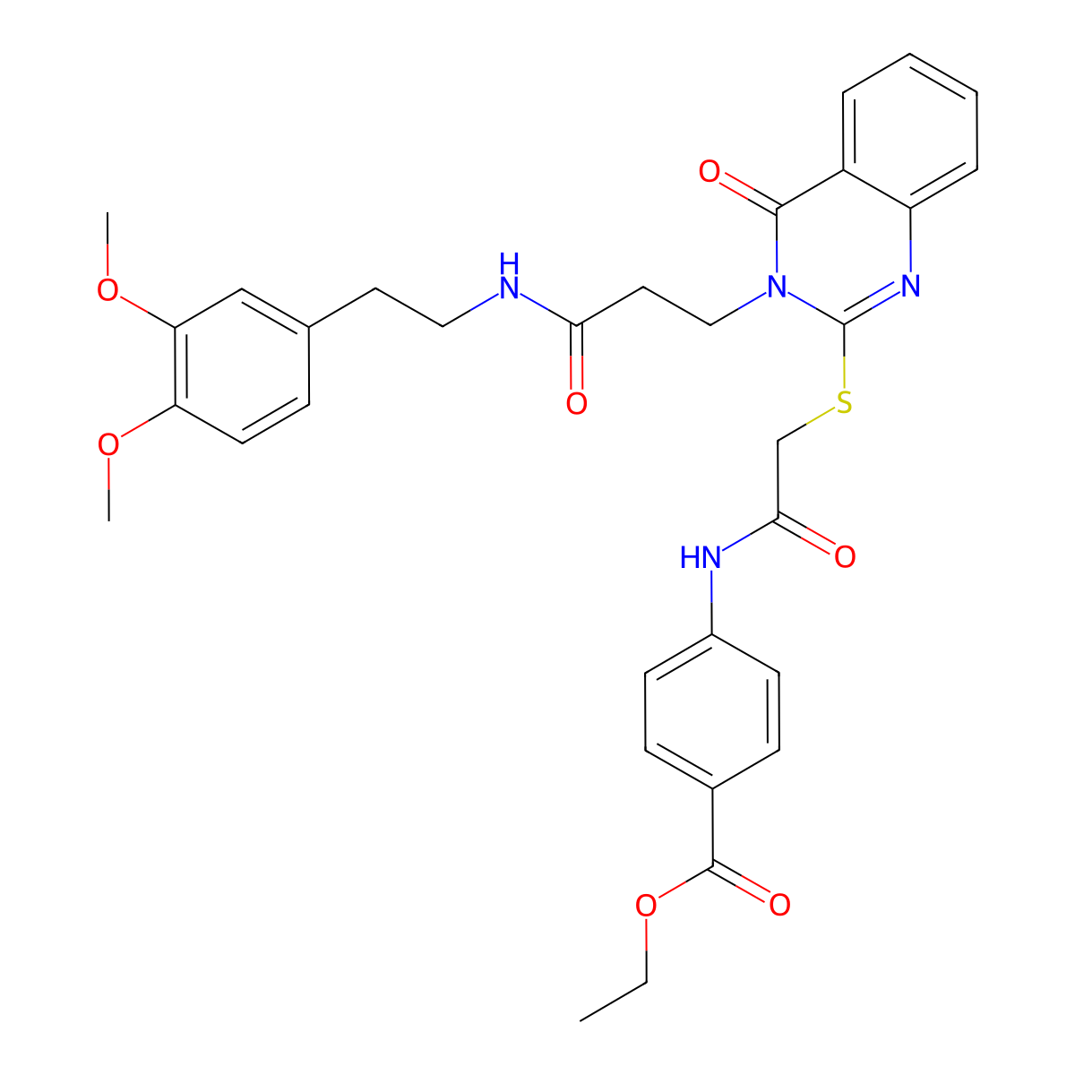 Ethyl 4-(2-{[3-(2-{[2-(3,4-dimethoxyphenyl)ethyl]carbamoyl}ethyl)-4-oxo-3,4-dihydroquinazolin-2-yl]sulfanyl}acetamido)benzoate molecular structure, CAS 422289-00-7