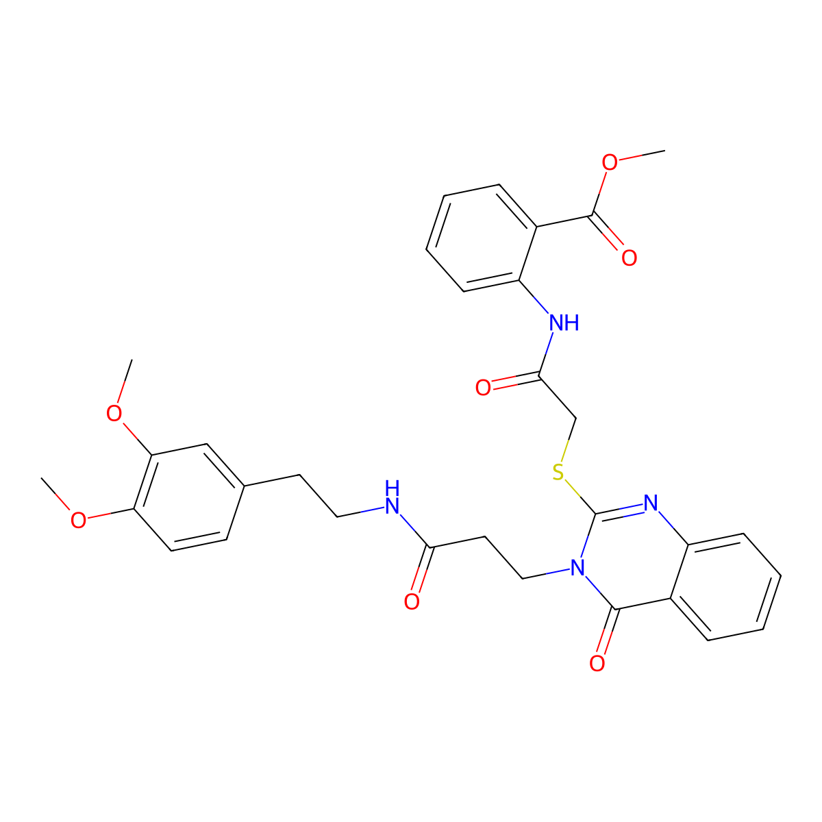 Methyl 2-(2-((3-(3-((3,4-dimethoxyphenethyl)amino)-3-oxopropyl)-4-oxo-3,4-dihydroquinazolin-2-yl)thio)acetamido)benzoate molecular structure, CAS 422289-05-2